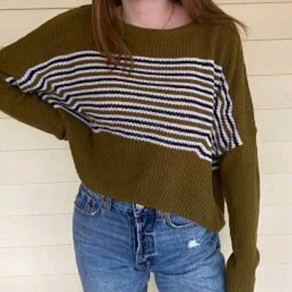 Urban Outfitters Green White Striped Oversized Preppy Streetwear Sweater Size S - Picture 1 of 12